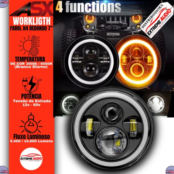 Farol Redondo 7 Polegadas LED Angel Eye DRL Seta 45W H4 ASX Universal - Imagem 2