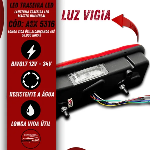 Par Lanterna Traseira Led Master Universal 12V-24V Bivolt Asx5316 - Imagem 2