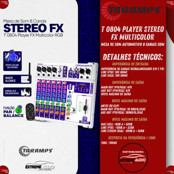 Mesa De Som 8 Canais Stereo Fx T0804 Player Fx Multicolor Rgb - Imagem 2
