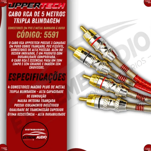 Cabo Rca 2x2 Tripla Blindagem Gold Uppertech 5metros Vermelho - Imagem 2