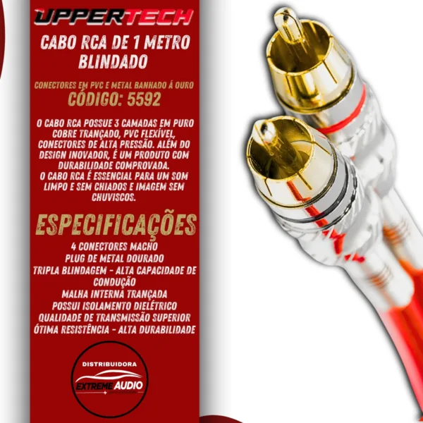 Cabo Rca 2x2 1m Tripla Blindagem Gold Uppertech Vermelho - Imagem 2