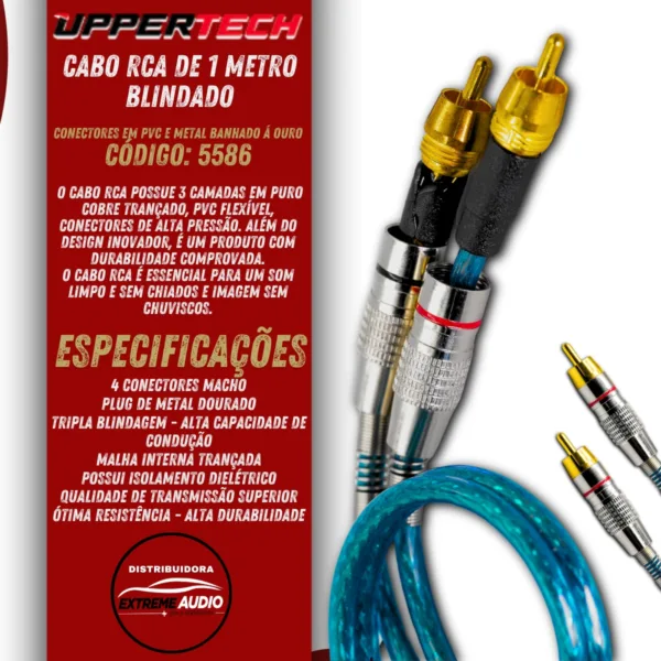 Cabo Rca Uppertech Blindado 1M 4Plugs De Saida Audio/Video Azul - Imagem 2