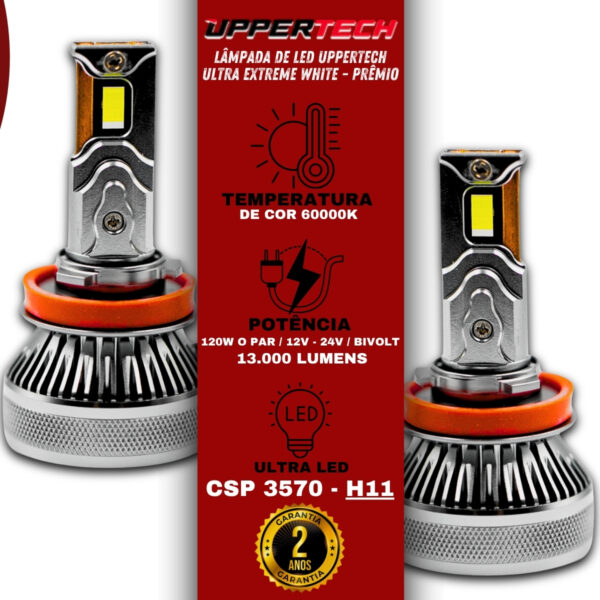 Lâmpada Led Uppertech H11 Ultra Xtreme White 6000K 13000 Lumens - Imagem 2