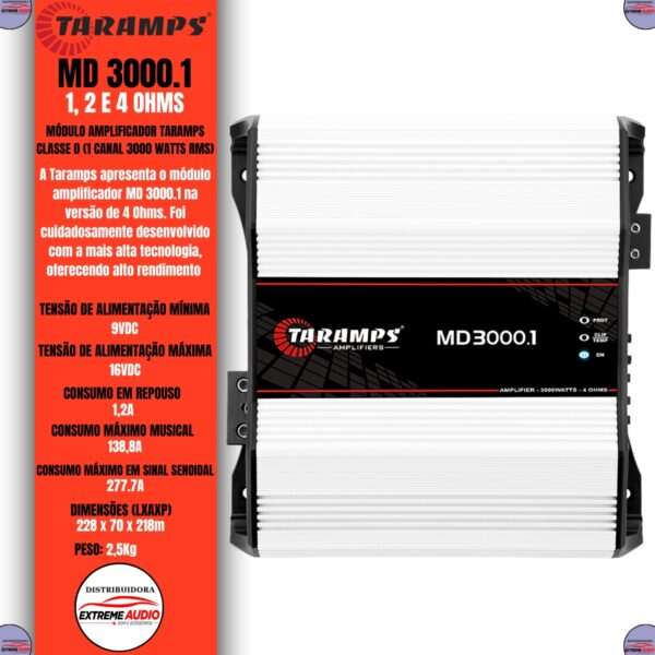 Módulo Taramps Md 3000W RMS 1 Canal 1/2/4 Ohms Amplificador Automotivo - Imagem 3