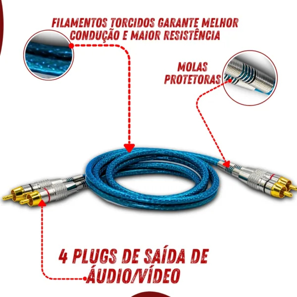 Cabo Rca Uppertech Blindado 1M 4Plugs De Saida Audio/Video Azul - Imagem 5