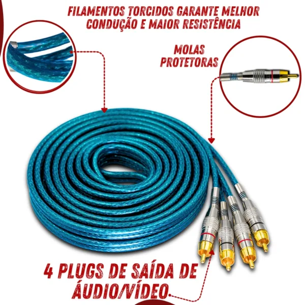 Cabo Rca Uppertech Blindado 5M 4Plugs De Saida Audio/Video Azul - Imagem 6
