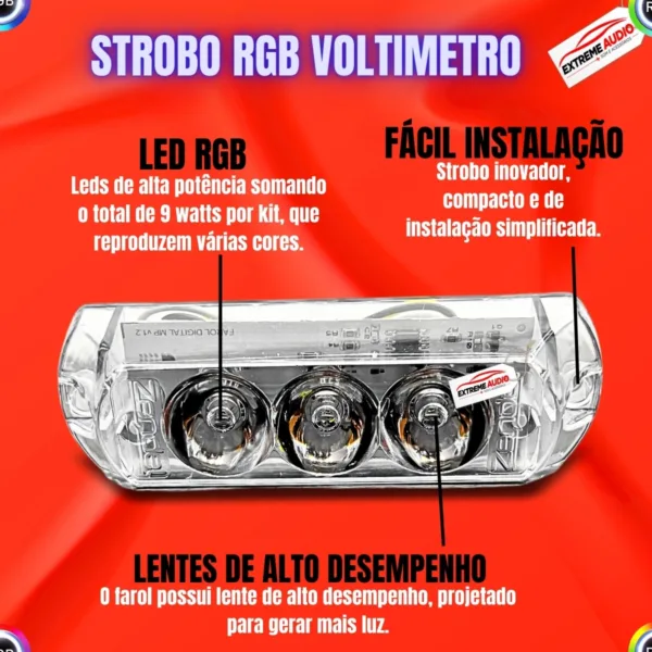 Strobo RGB Som Automotivo Com Voltímetro Zendel  2 Farol - Imagem 7