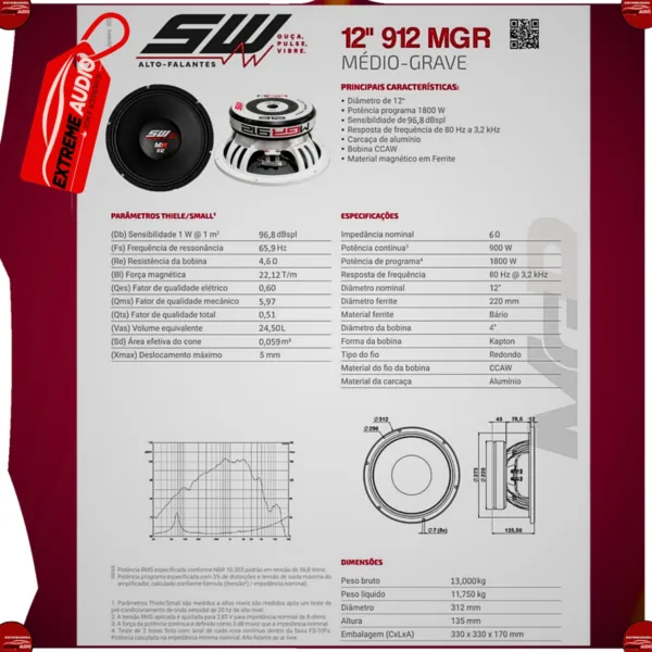🔊 Medio Grave Alto Falante Sw 912mgr 900w Rms 6 Ohms 12 Pol - Imagem 4