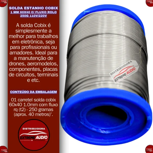 Solda Estanho 60x40 1mm C/ Fluxo Rolo 250g Cobix - Imagem 2