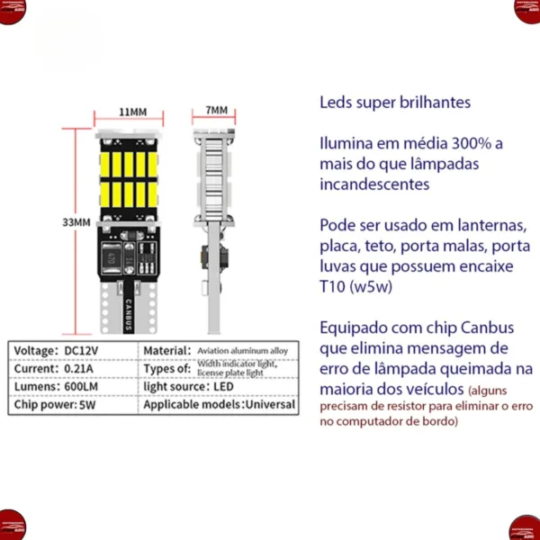Lampada Led Pingo T10 W5w 26-smd 4014 Canbus Branco - Imagem 4