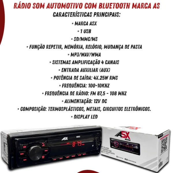🔊 Som Automotivo ASX MP3 Player Standard – 1 USB e Bluetooth - Imagem 5